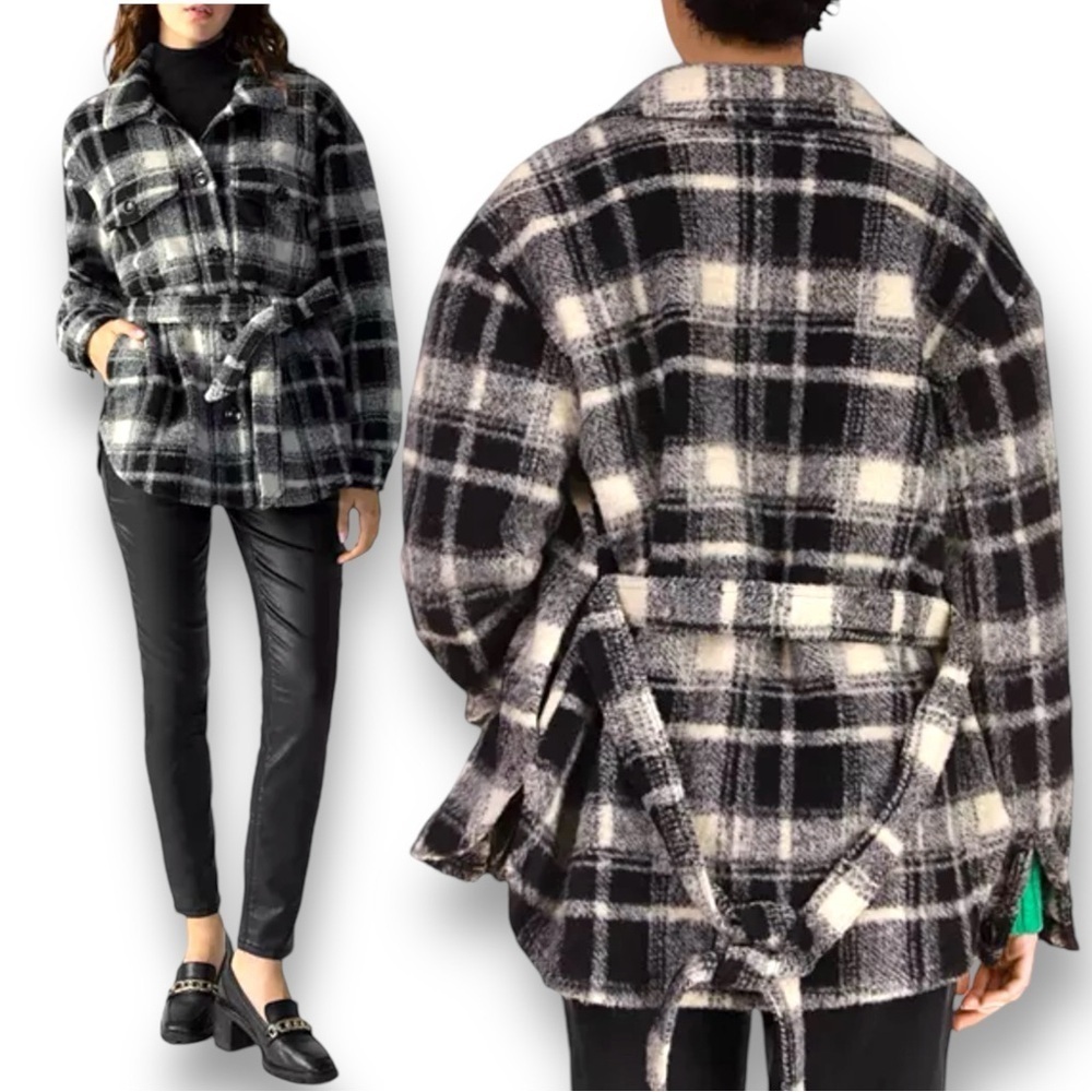 NWT Sanctuary Women's Shay Belted Plaid Shirt Jacket Black Small